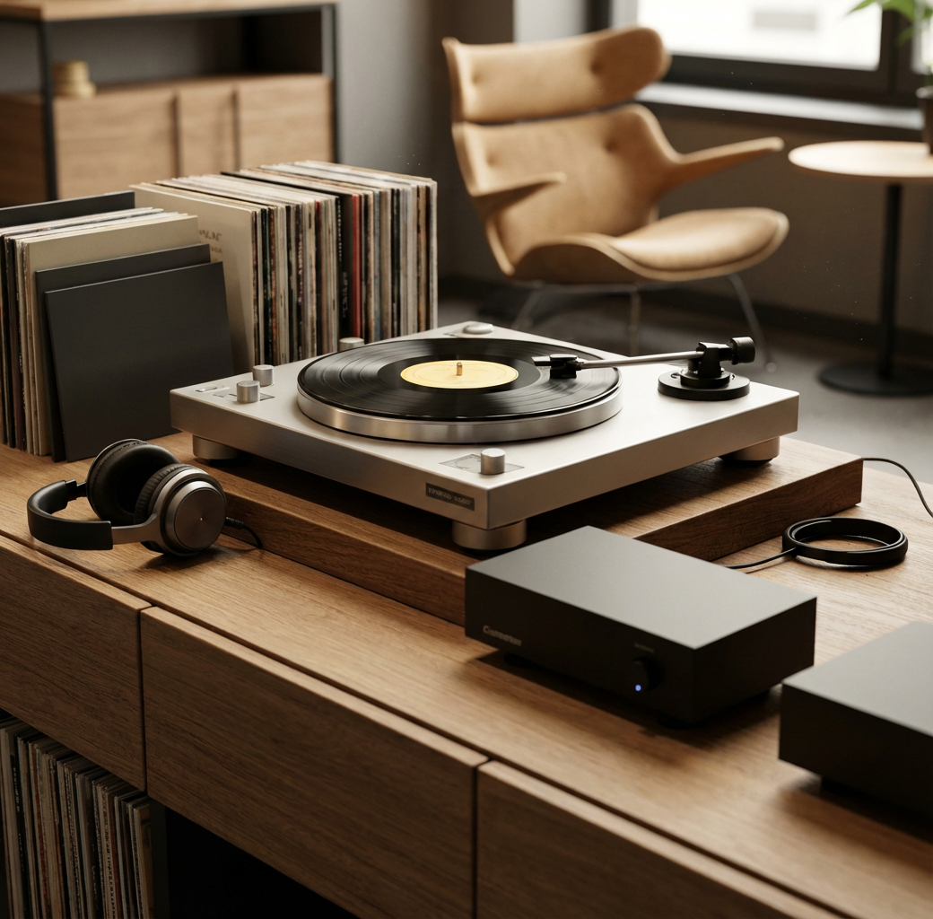 Modern turntable setup with vinyl record collection