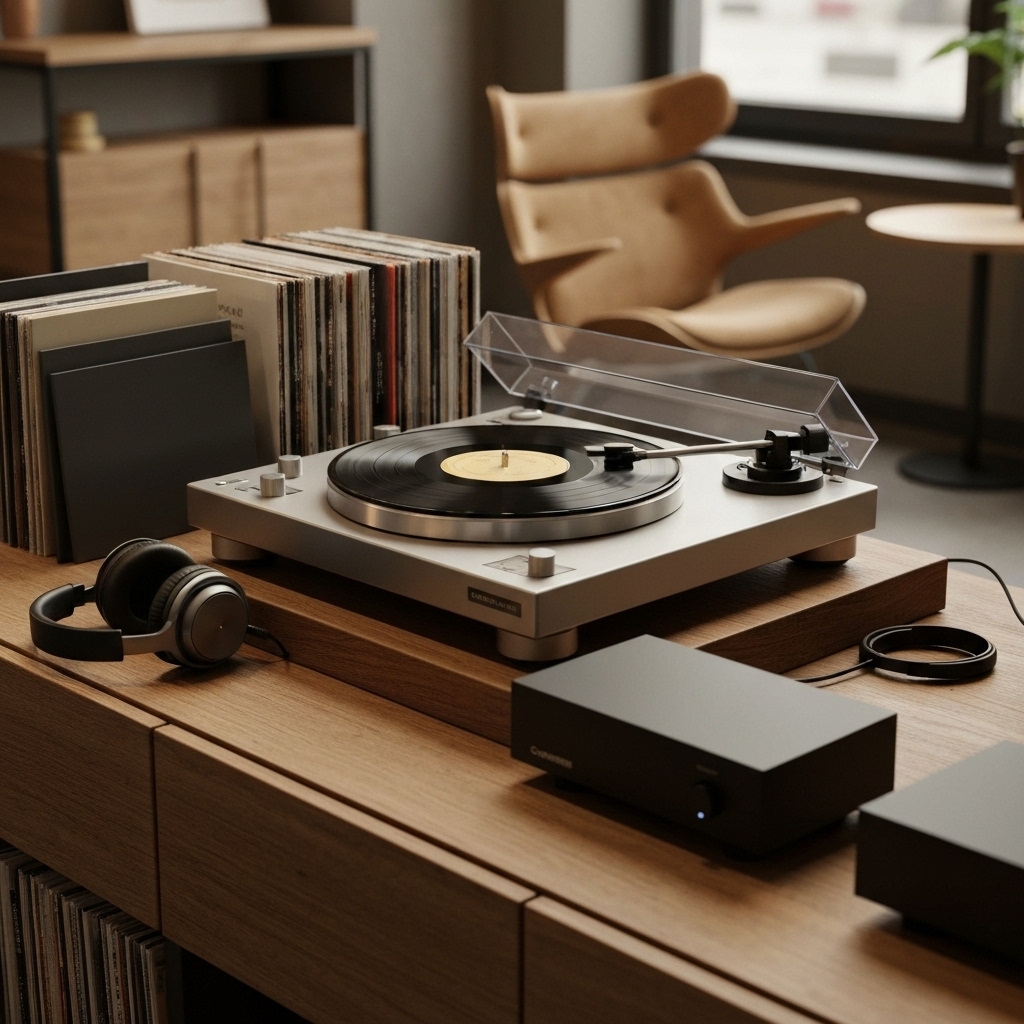 Modern turntable setup with vinyl record collection